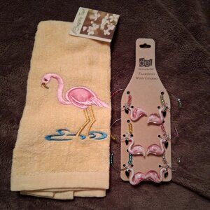 Flamingo Wine Charms (6) and Fingertip towel